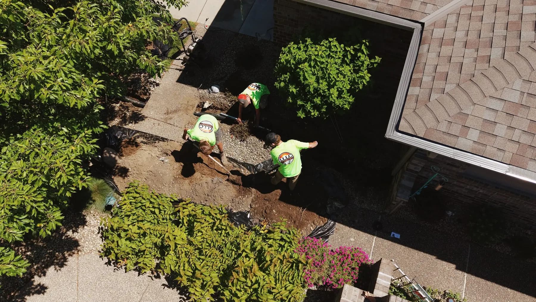Aerial view of Lofton crew reshaping a front yard